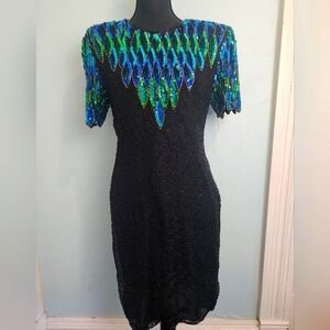 Vintage Stenay 100% Silk Beaded And Sequined Cocktail Dress Keyhole Back Sz S/M